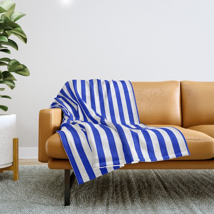 Cobalt Blue and White Vertical Deck Chair Stripe Throw Blanket Gallery Image 1