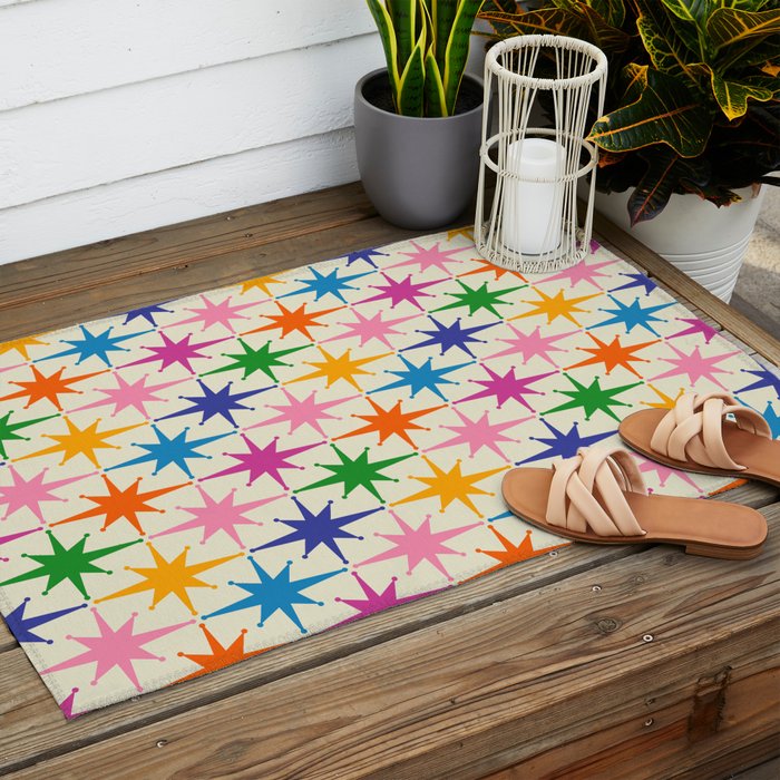 Atomic Stars Colorful Mid Century Modern Starburst Pattern Outdoor Rug Gallery Image 2