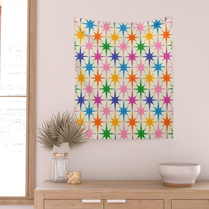 Atomic Stars Colorful Mid Century Modern Starburst Pattern Wall Tapestry Gallery Image 2