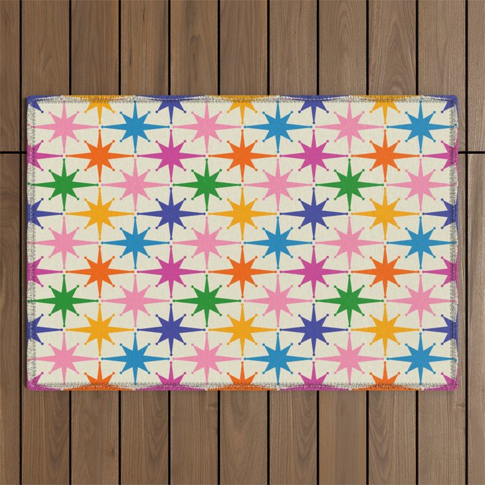 Atomic Stars Colorful Mid Century Modern Starburst Pattern Outdoor Rug Gallery Image 1