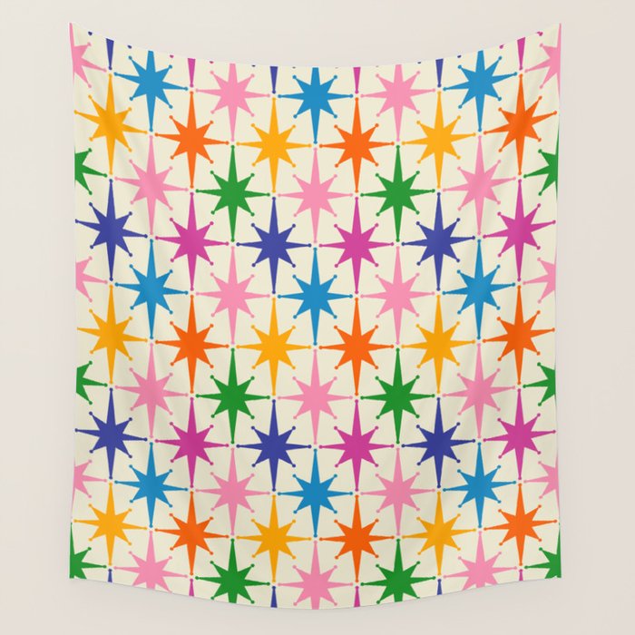 Atomic Stars Colorful Mid Century Modern Starburst Pattern Wall Tapestry Gallery Image 4