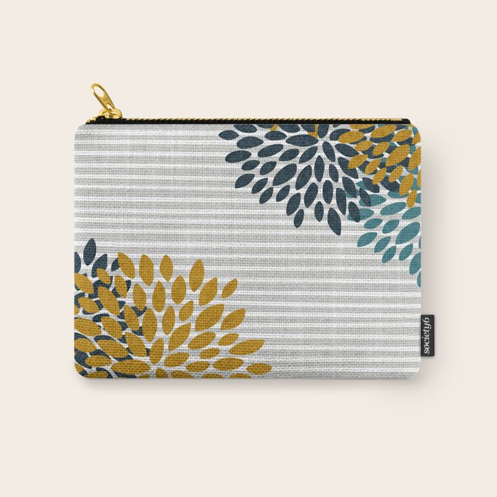 Floral Blooms and Stripes, Navy Blue, Teal, Yellow, Gray Carry All Pouch Gallery Image 1