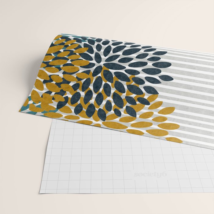 Floral Blooms and Stripes, Navy Blue, Teal, Yellow, Gray Wrapping Paper Gallery Image 2