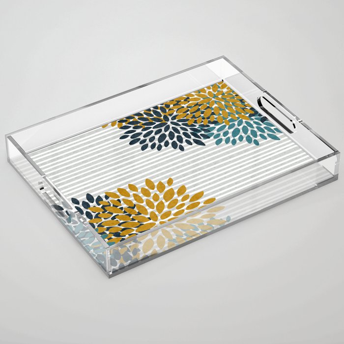 Floral Blooms and Stripes, Navy Blue, Teal, Yellow, Gray Acrylic Tray Gallery Image 1