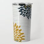 Floral Blooms and Stripes, Navy Blue, Teal, Yellow, Gray Travel Mug Gallery Image 1