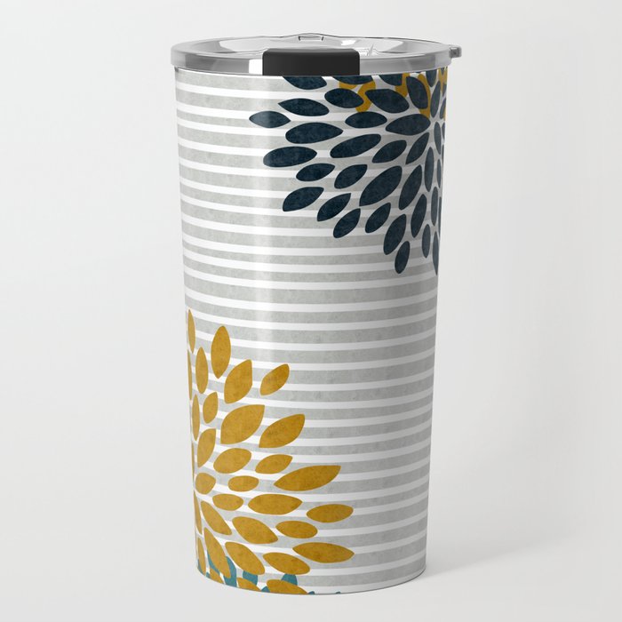 Floral Blooms and Stripes, Navy Blue, Teal, Yellow, Gray Travel Mug Gallery Image 1