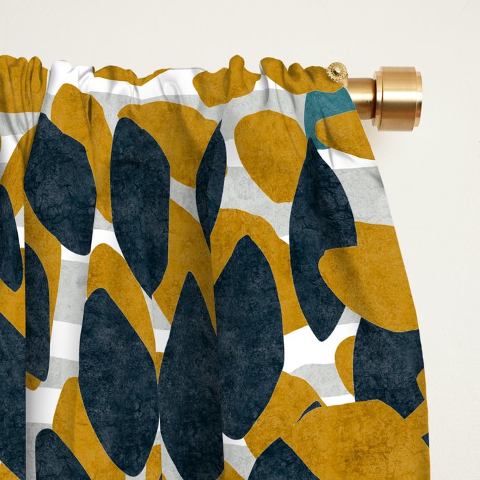 Floral Blooms and Stripes, Navy Blue, Teal, Yellow, Gray Window Curtain Gallery Image 2