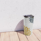 Floral Blooms and Stripes, Navy Blue, Teal, Yellow, Gray Travel Mug Gallery Image 4