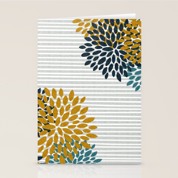 Floral Blooms and Stripes, Navy Blue, Teal, Yellow, Gray Stationery Card Gallery Image 2