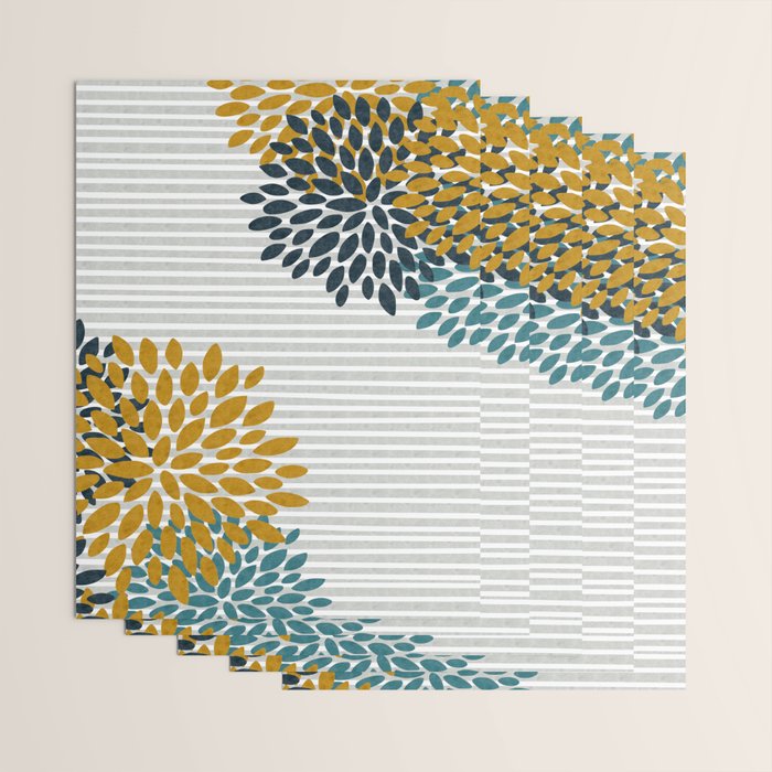 Floral Blooms and Stripes, Navy Blue, Teal, Yellow, Gray Wrapping Paper Gallery Image 3
