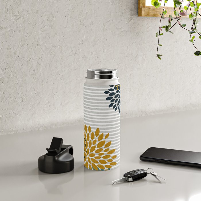 Floral Blooms and Stripes, Navy Blue, Teal, Yellow, Gray Water Bottle Gallery Image 4
