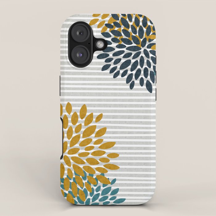 Floral Blooms and Stripes, Navy Blue, Teal, Yellow, Gray iPhone Case Gallery Image 1