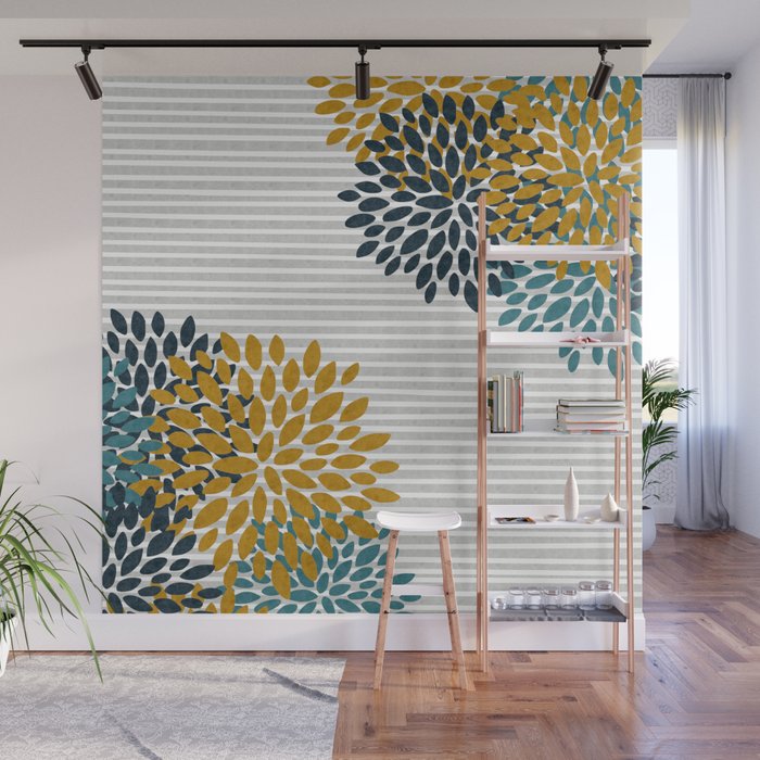 Floral Blooms and Stripes, Navy Blue, Teal, Yellow, Gray Wall Mural Gallery Image 1