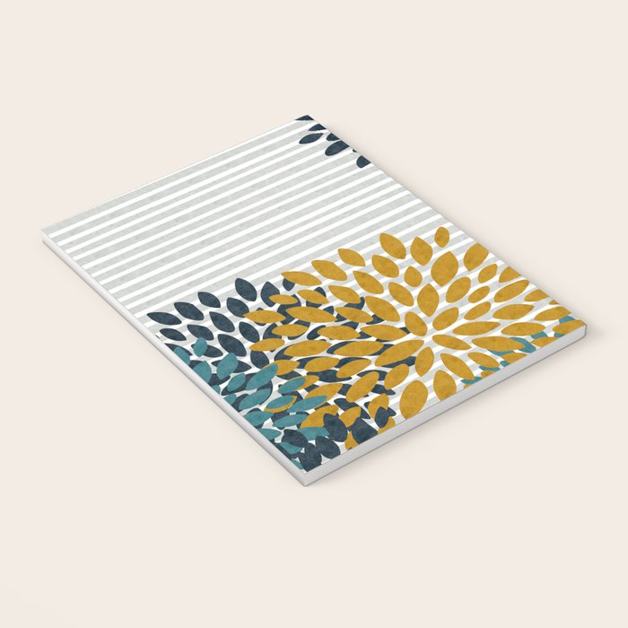 Floral Blooms and Stripes, Navy Blue, Teal, Yellow, Gray Notebook Gallery Image 3