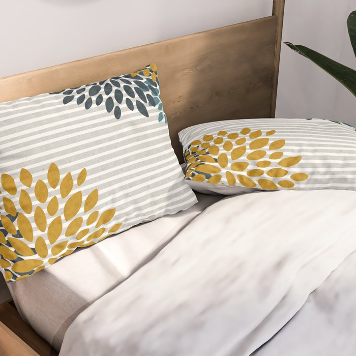 Floral Blooms and Stripes, Navy Blue, Teal, Yellow, Gray Pillow Sham Gallery Image 2