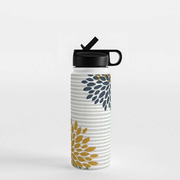 Floral Blooms and Stripes, Navy Blue, Teal, Yellow, Gray Water Bottle Gallery Image 1
