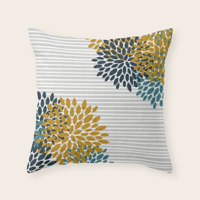 Floral Blooms and Stripes, Navy Blue, Teal, Yellow, Gray Throw Pillow Gallery Image 6