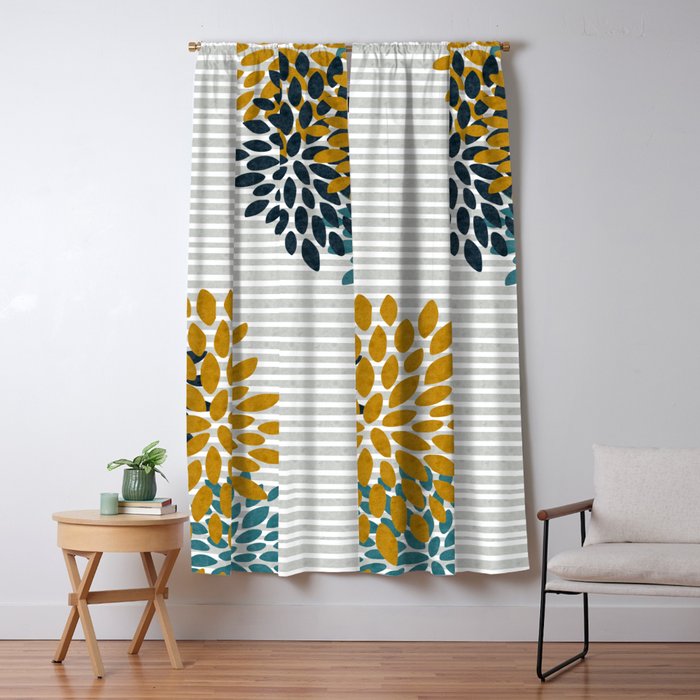 Floral Blooms and Stripes, Navy Blue, Teal, Yellow, Gray Window Curtain Gallery Image 5