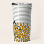 Floral Blooms and Stripes, Navy Blue, Teal, Yellow, Gray Travel Mug Gallery Image 3