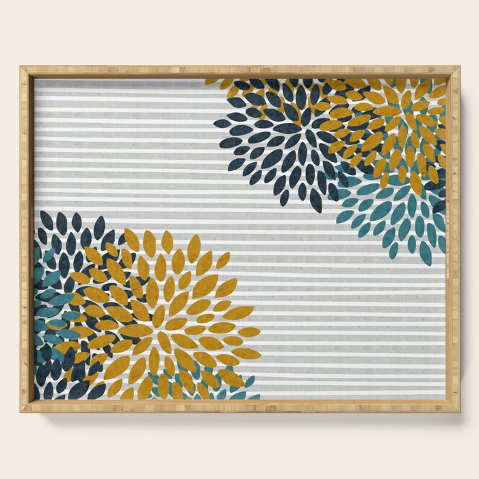 Floral Blooms and Stripes, Navy Blue, Teal, Yellow, Gray Serving Tray Gallery Image 1