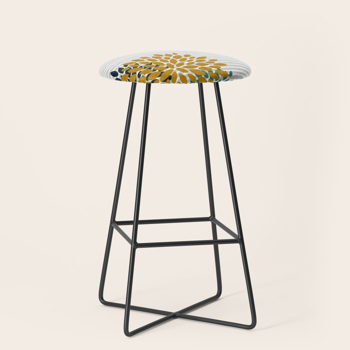 Floral Blooms and Stripes, Navy Blue, Teal, Yellow, Gray Stool Gallery Image 1