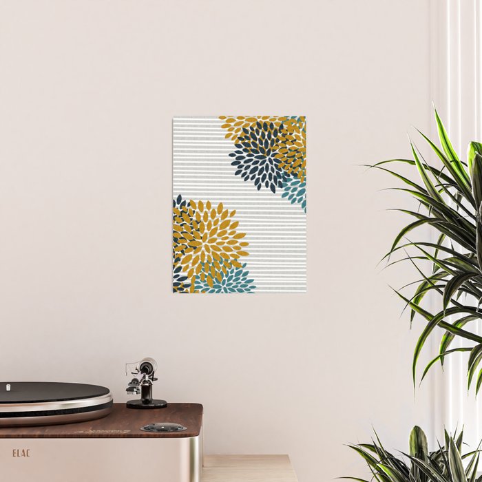 Floral Blooms and Stripes, Navy Blue, Teal, Yellow, Gray Poster Gallery Image 2