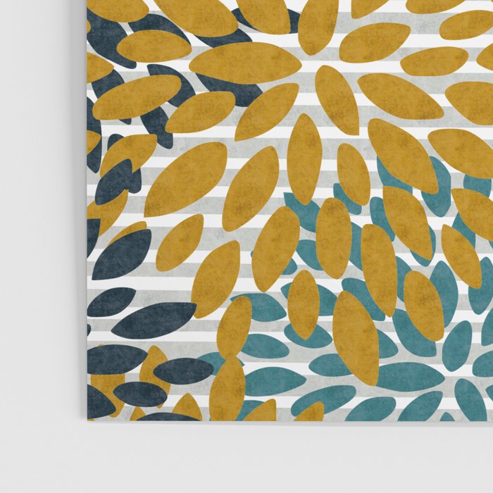 Floral Blooms and Stripes, Navy Blue, Teal, Yellow, Gray Poster Gallery Image 3