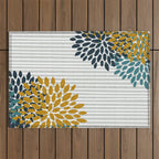 Floral Blooms and Stripes, Navy Blue, Teal, Yellow, Gray Outdoor Rug Gallery Image 1