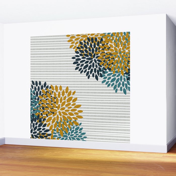 Floral Blooms and Stripes, Navy Blue, Teal, Yellow, Gray Wall Mural Gallery Image 2