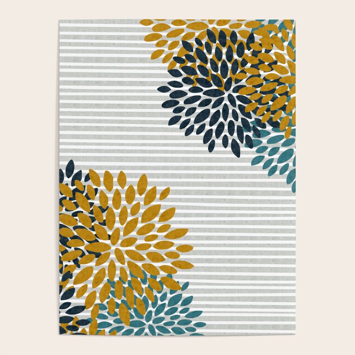 Floral Blooms and Stripes, Navy Blue, Teal, Yellow, Gray Poster Gallery Image 4