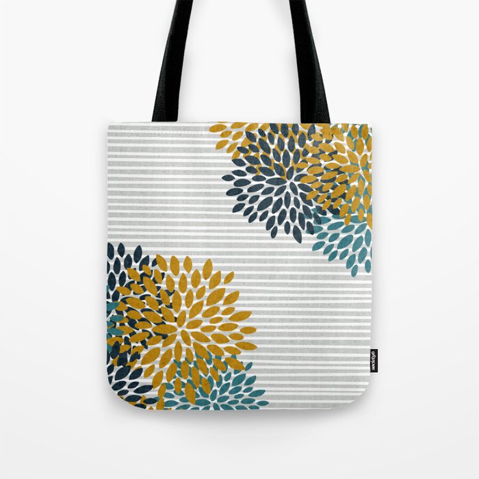 Floral Blooms and Stripes, Navy Blue, Teal, Yellow, Gray Tote Bag Gallery Image 1