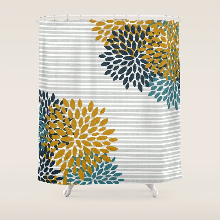 Floral Blooms and Stripes, Navy Blue, Teal, Yellow, Gray Shower Curtain Gallery Image 1
