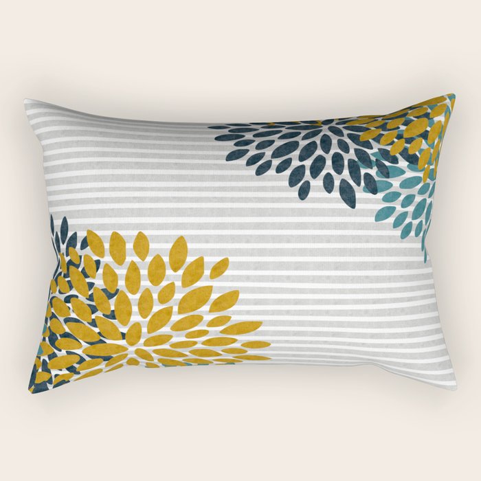 Floral Blooms and Stripes, Navy Blue, Teal, Yellow, Gray Rectangular Pillow Gallery Image 1