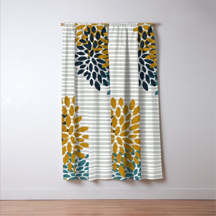 Floral Blooms and Stripes, Navy Blue, Teal, Yellow, Gray Window Curtain Gallery Image 3