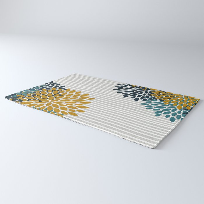 Floral Blooms and Stripes, Navy Blue, Teal, Yellow, Gray Rug Gallery Image 3