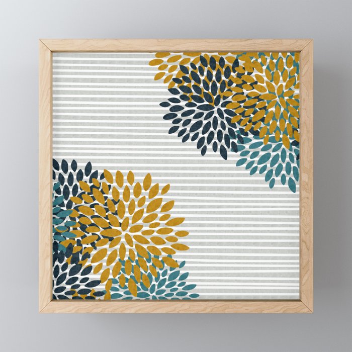 Floral Blooms and Stripes, Navy Blue, Teal, Yellow, Gray Mini Art Print Gallery Image 1