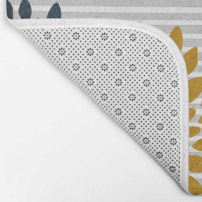 Floral Blooms and Stripes, Navy Blue, Teal, Yellow, Gray Bath Mat Gallery Image 2
