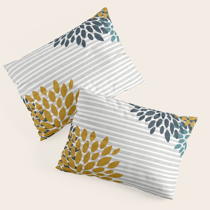 Floral Blooms and Stripes, Navy Blue, Teal, Yellow, Gray Pillow Sham Gallery Image 1
