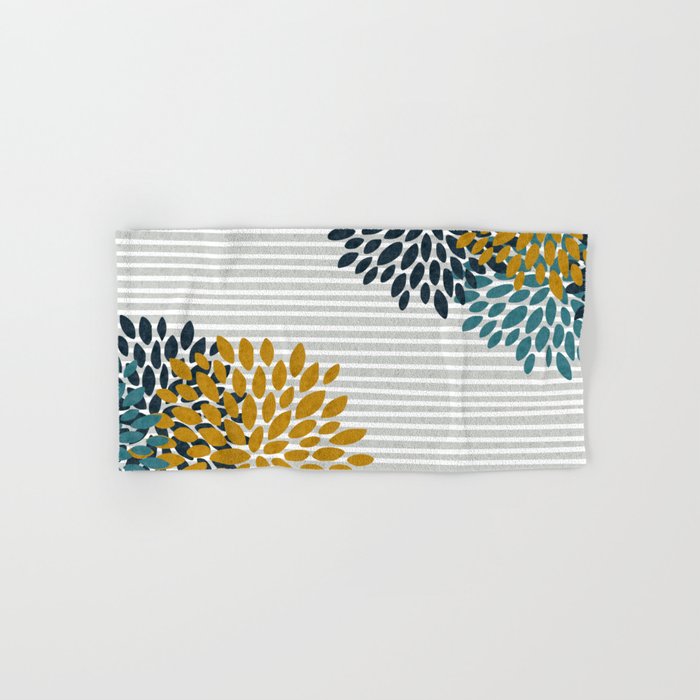 Floral Blooms and Stripes, Navy Blue, Teal, Yellow, Gray Bath Towel Gallery Image 1