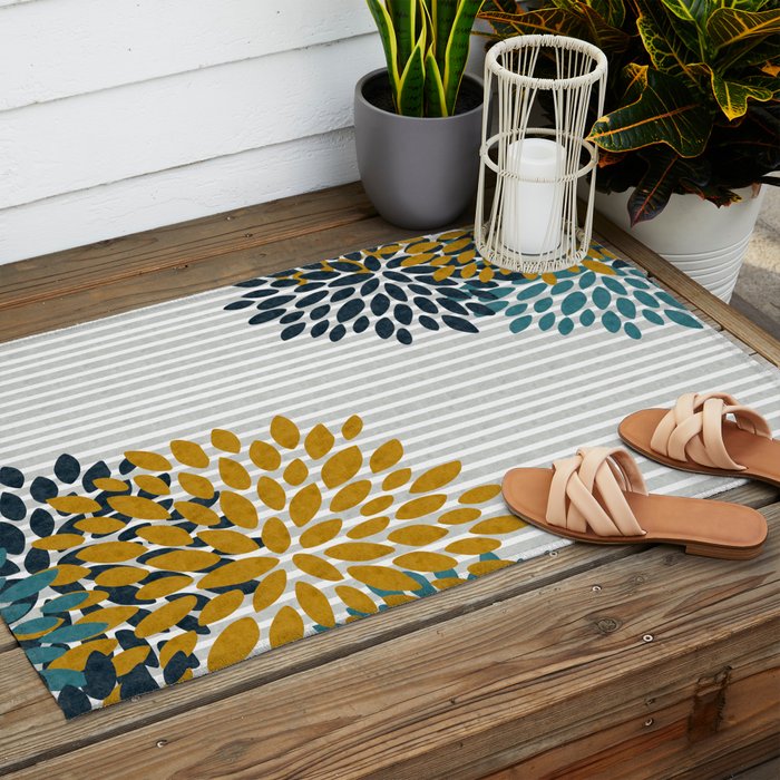 Floral Blooms and Stripes, Navy Blue, Teal, Yellow, Gray Outdoor Rug Gallery Image 2