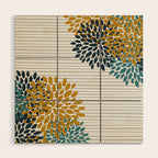 Floral Blooms and Stripes, Navy Blue, Teal, Yellow, Gray Wood Wall Art Gallery Image 1