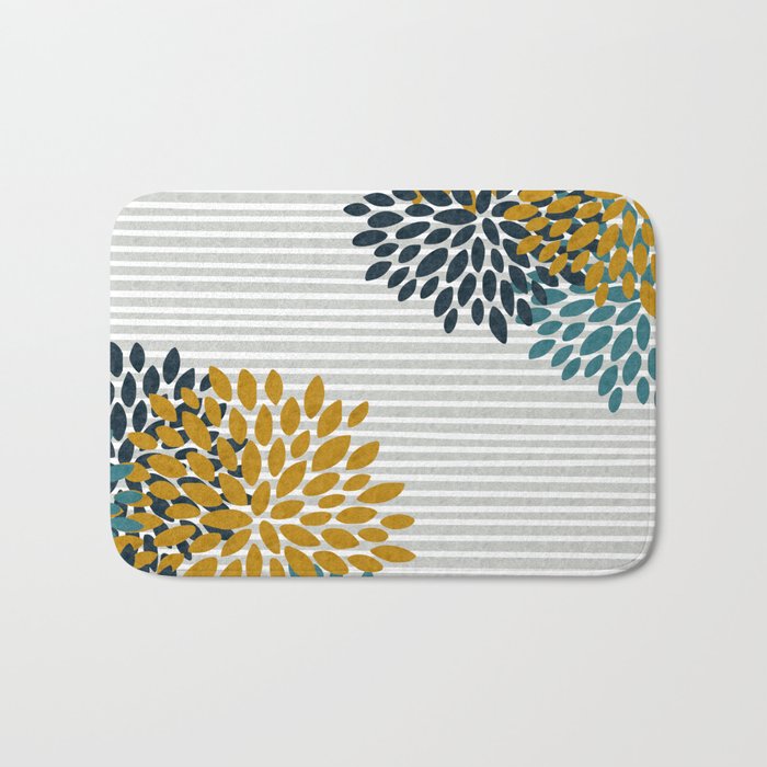 Floral Blooms and Stripes, Navy Blue, Teal, Yellow, Gray Bath Mat Gallery Image 1