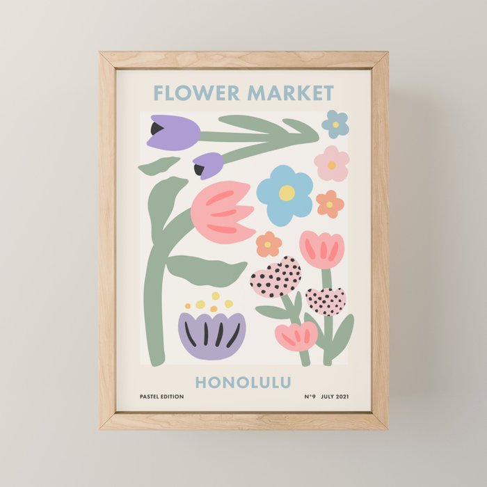 Flower Market Honolulu, Playful Retro Botanical Pastel Print Mini Art Print Gallery Image 1