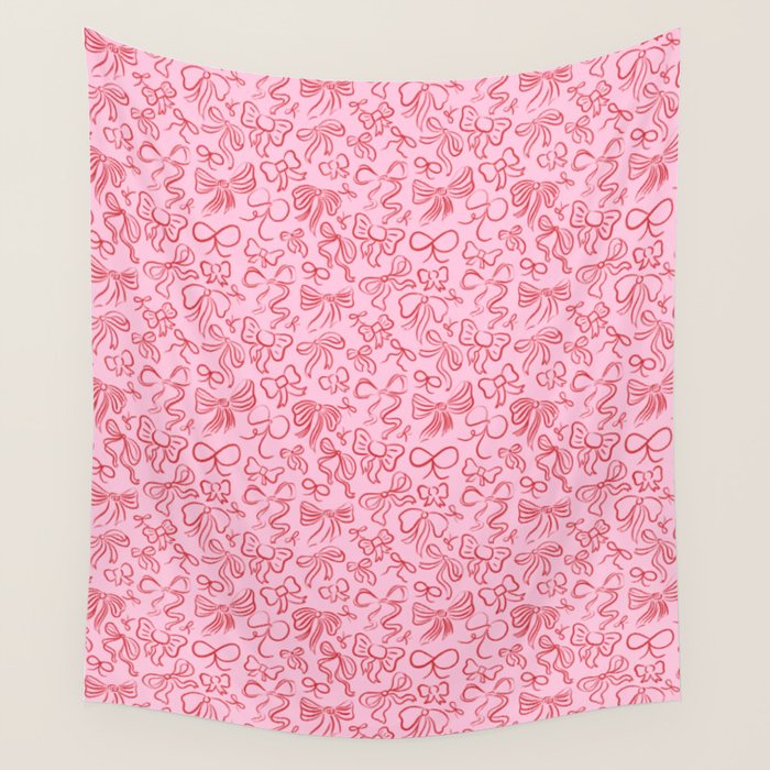 Coquette Valentines Day Bows in Colored Pencil Wall Tapestry Gallery Image 1