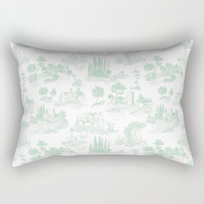 Toile de Jouy Vintage French Light Green & White Rectangular Pillow Gallery Image 1