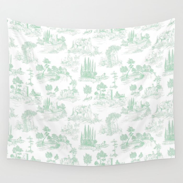 Toile de Jouy Vintage French Light Green & White Wall Tapestry Gallery Image 4