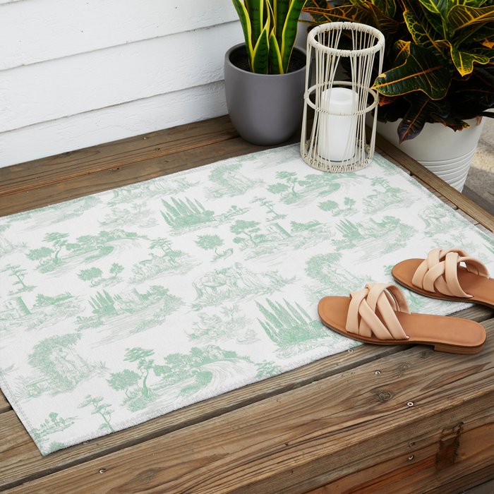 Toile de Jouy Vintage French Light Green & White Outdoor Rug Gallery Image 2