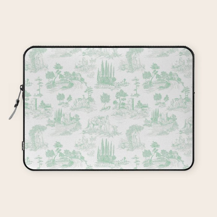Toile de Jouy Vintage French Light Green & White Laptop Sleeve Gallery Image 1
