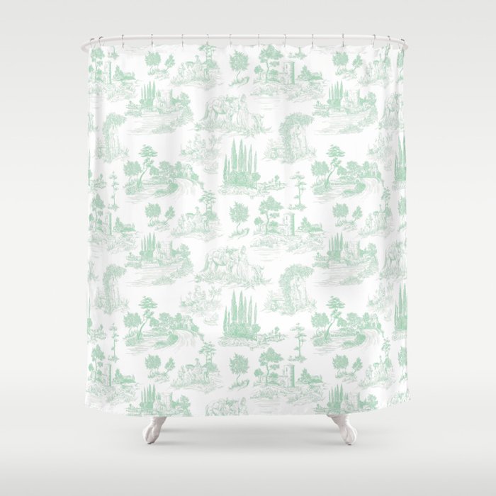 Toile de Jouy Vintage French Light Green & White Shower Curtain Gallery Image 1