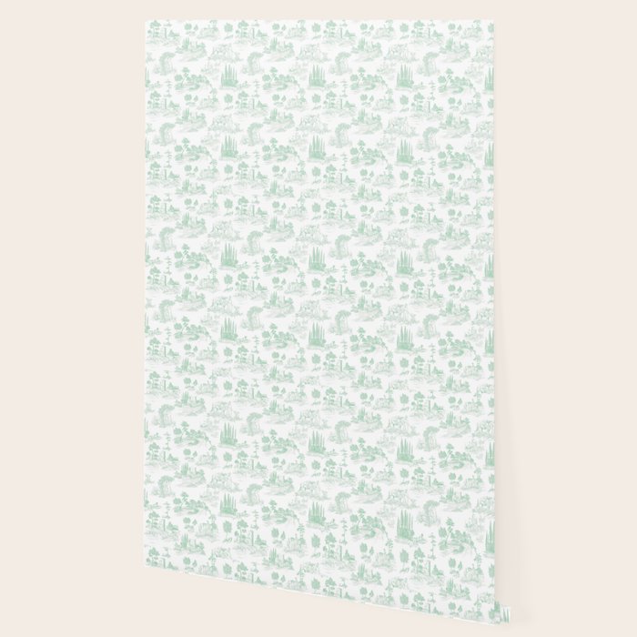 Toile de Jouy Vintage French Light Green & White Wallpaper Gallery Image 2